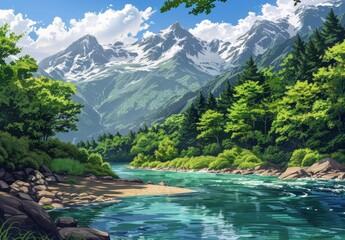 Mountain Range and River Landscape Painting