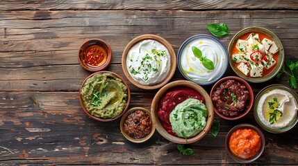 assortment of delicious dip sauces in various bowls top view on wooden table appetizer or snack idea