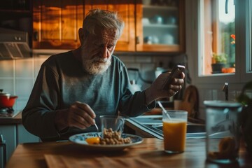 Smiling white-haired handsome senior woman sitting outdoors at cafe table enjoying breakfast with coffee, sweet food and orange juice.. Beautiful simple AI generated image in 4K, unique.