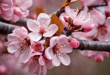 Obraz premium Sakura branch in springtime with falling petals and blurred transparent elements