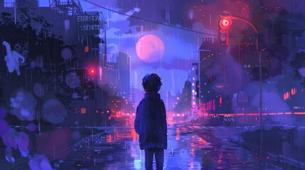 Fototapeta na wymiar atmospheric night portrait of an anime boy vibrant illustration background digital art