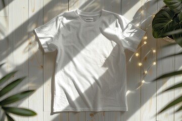 Mock-up with white t-shirt on wooden background with shadows and lights.