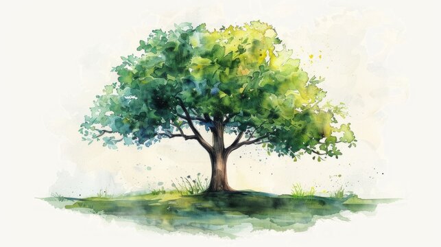 Green tree on a white background. Watercolor painting.