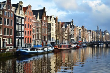 Fototapeta na wymiar Scenery of Amsterdam skyline with its typical canal houses, Ai generated