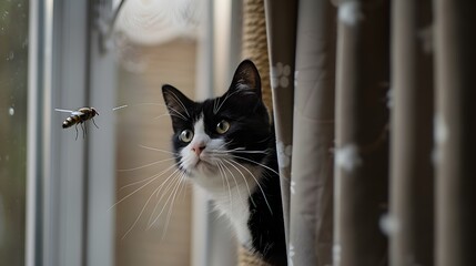 Tuxedo Cat Curiously Peeking Out from Behind Curtain,Whiskers Twitching at Buzzing Fly,Cinematic Photography