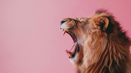closeup view of lions open mouth against pink background powerful wildlife portrait 4k wallpaper