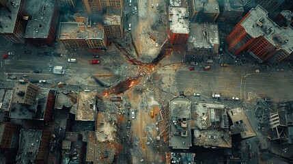 Aerial view of urban destruction, showing devastated city blocks and damaged buildings