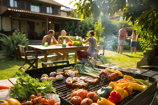 Group of friends having a barbecue in the backyard, with a grill full of vegetables and meat, and a table set for a feast