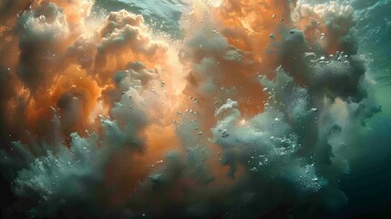 Fototapeta na wymiar Dramatic underwater explosion captured in slow motion, showcasing fiery blast and swirling smoke bubbles