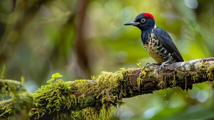 Fototapeta premium costa rican gem acorn woodpecker perched on mossy branch in lush rainforest vibrant wildlife photo