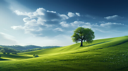 A peaceful landscape with rolling green hills and a lone tree