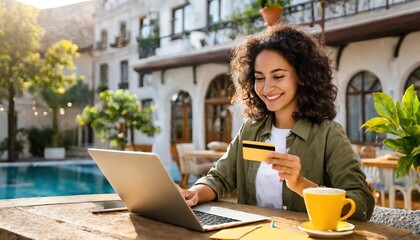 Happy young woman holding credit card and using laptop making payment online. Shopping, e-commerce, internet banking, spending money, working from home concept 