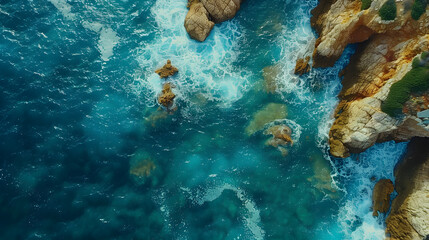 an aerial view of a large body of water surrounded by rocks - Powered by Adobe