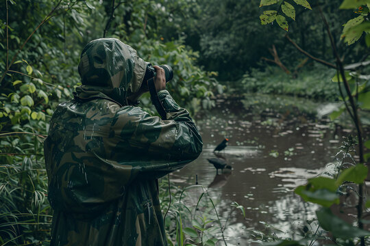 Wildlife photographer in a camouflage hide, taking shots of birds at a forest watering hole 