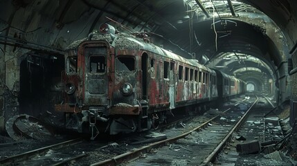 desolate abandoned train wreck in grungy underpass postapocalyptic concept art
