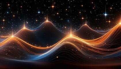 黒い背景の中で星の海が光を宿し、幻想的な輝きを放つエネルギー波のグラフィック、グラデーション、スタイリッシュで洗練されている
