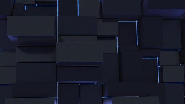 Dynamic squares animate across a black background with blue neon lights, creating a modern, abstract, and minimalistic structure. Geometric transform animation.