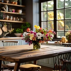 the charm of a sunlit kitchen, where a wooden table adorned with vibrant flowers takes center stage
