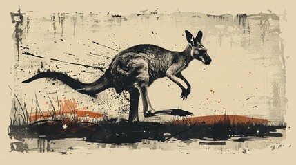 Artistic depiction of a kangaroo leaping with a vibrant abstract backdrop