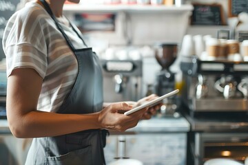 Managing Inventory at a Coffee Shop with a Tablet. Concept Inventory Management, Tablet Apps, Coffee Shop Operations, Product Tracking, Technology Solutions - obrazy, fototapety, plakaty