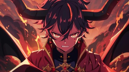 fierce horned demon youth in royal battle attire anime character illustration