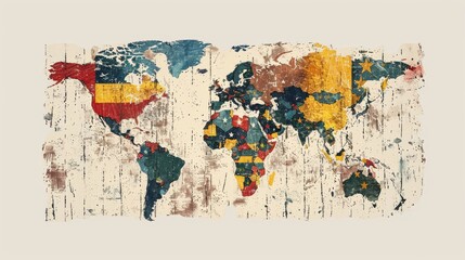 Colorful wooden world map art mounted on distressed white background