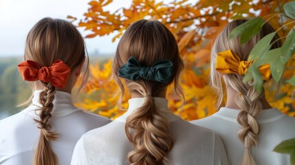 Three women showcasing colorful hair ties in an autumn setting