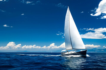 Obraz premium Sailboat cutting through blue ocean waters, white sails billowing against clear sky, sense of luxury and adventure