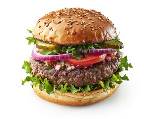 Delicious hamburger with lettuce, tomato, onion, and pickles