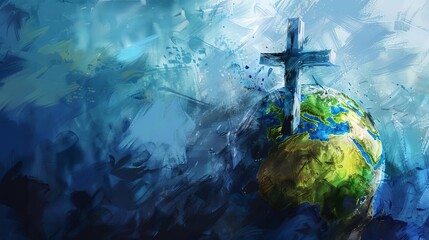 global faith earth with christian cross inspirational watercolor digital painting