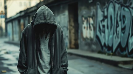 gritty urban street scene with young man in hoodie depicting drug dealing or gang activity social issues