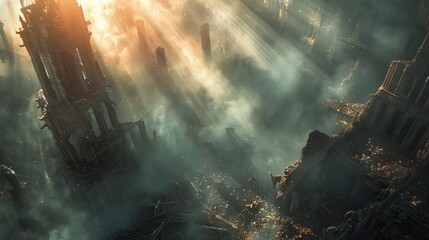 Dramatic sunlight breaks through smoke over the ruins of a majestic cathedral