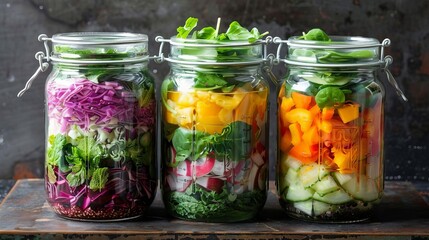 homemade goodness preserving jars with colorful salads still life photo - obrazy, fototapety, plakaty