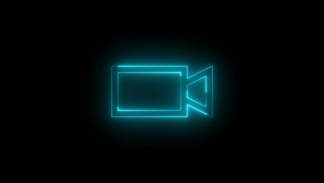 Neon glowing cyan color camera video icon on black background animation