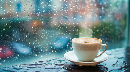 A coffee cup or hot tea on a rainy day. Relaxing, Rest, Aromatic, Rainy day - obrazy, fototapety, plakaty