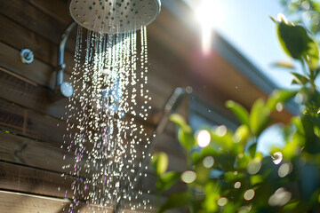 A refreshing outdoor shower at a beach house, with water droplets glistening in the summer sun