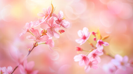 Blossoming cherry branch with vibrant pink flowers on bokeh background