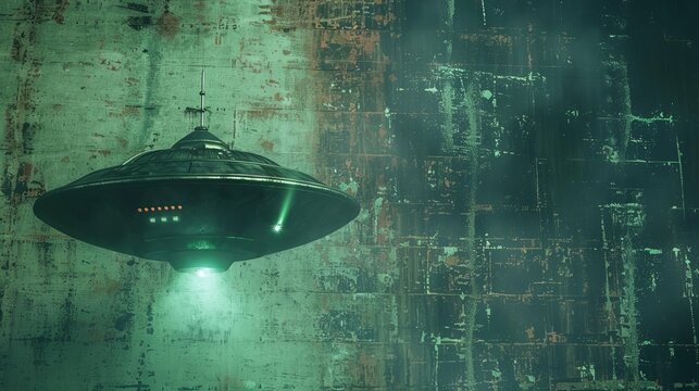 industrial ufo with laser guns on grungy green screen science fiction concept