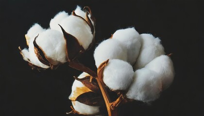 delicate white cotton flowers isolated on black background