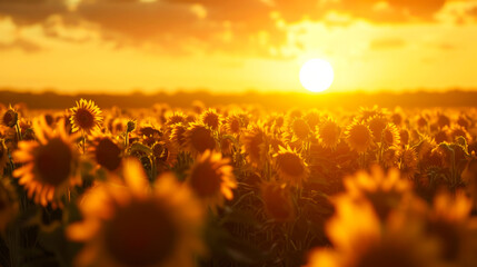 Sunflower field at sunrise with bright sun in the background