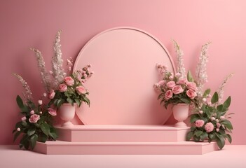 Floral pink, podium, stand for product, generative AI illustration 