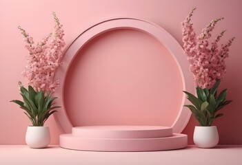 Floral pink, podium, stand for product, generative AI illustration 