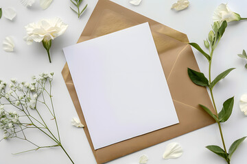 Stylish elegant flat lay white gold floristic greeting invitation post card with copy space mockup.