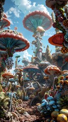 A photo of a realistic 3D rendering of a psychedelic forest with large mushrooms and other vegetation