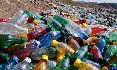 Heap of used empty multicolor plastic bottles,environmental pollution, fields and slopes littered with waste