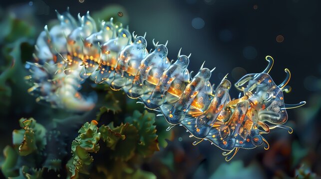 A glowing translucent underwater caterpillar-like creature with yellow and blue accents.