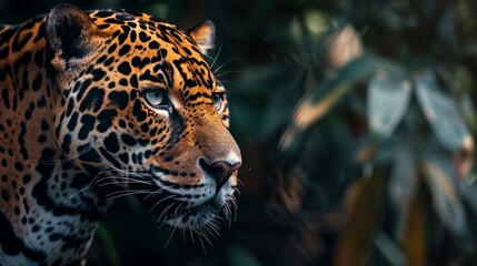 The Majestic Gaze of a Jaguar Amidst the Foliage, the jaguar’s intense focus and the natural beauty. Generative AI