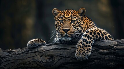 Obraz premium The Leopard’s Tranquil Vigil, the leopard’s calm yet alert state as it rests on a tree branch. Generative AI