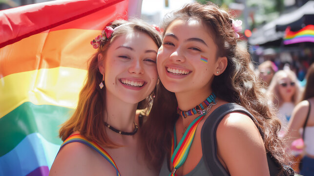 Happy smiling young woman lesbian couple with lgtbq flags celebrating gay pride month together. Lesbian couple raising a rainbow flag at a gay pride parade celebrating pride month. LGBTQ+, Lesbian