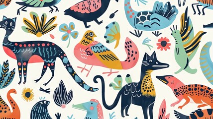 Whimsical and Vibrant Egyptian Animal Wallpaper with Playful Cats Ibises and Crocodiles in Charming and Lighthearted Compositions - obrazy, fototapety, plakaty